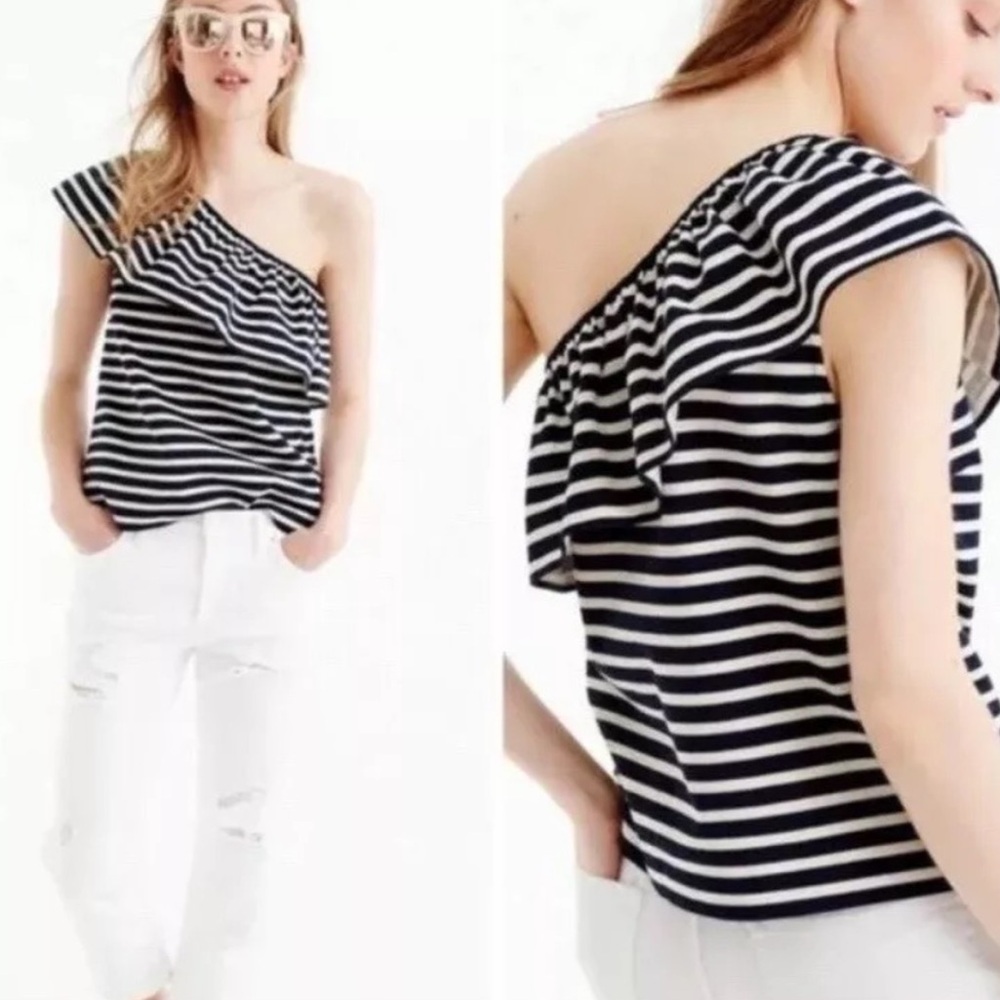 J.Crew One Shoulder Ruffle Navy off White Stripe Top